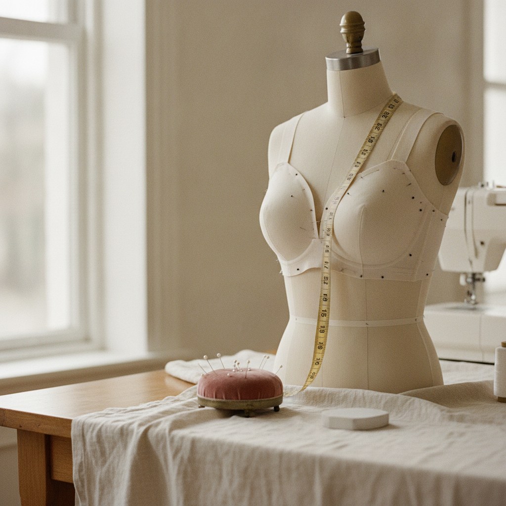 Patrón de sujetador en construcción sobre un maniquí de sastre, con cinta métrica y alfileres